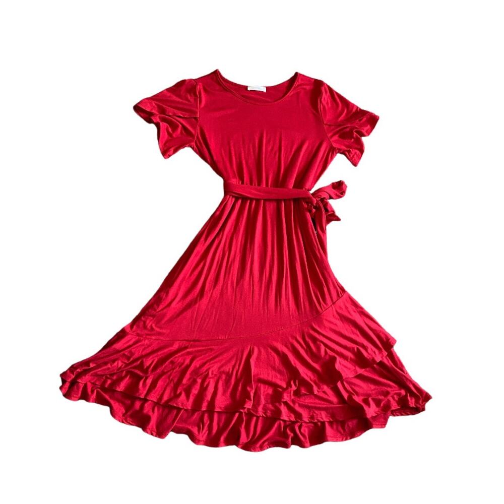 Reborn J Ruffle Hem Flutter Sleeve Tie Waist Short Sleeved Midi Dress Sz M NWOT